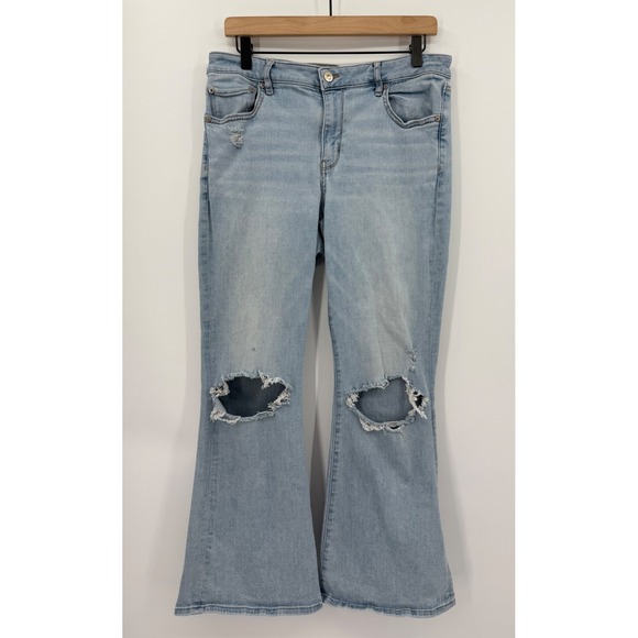 American Eagle Jeans Womens 12 Blue Low Rise Flare Distressed Light Wash - Picture 2 of 13
